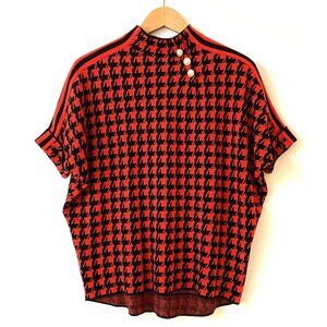 Vintage Christian Dior Red Black Houndstooth Mock Neck Short Sleeve Sweater Top